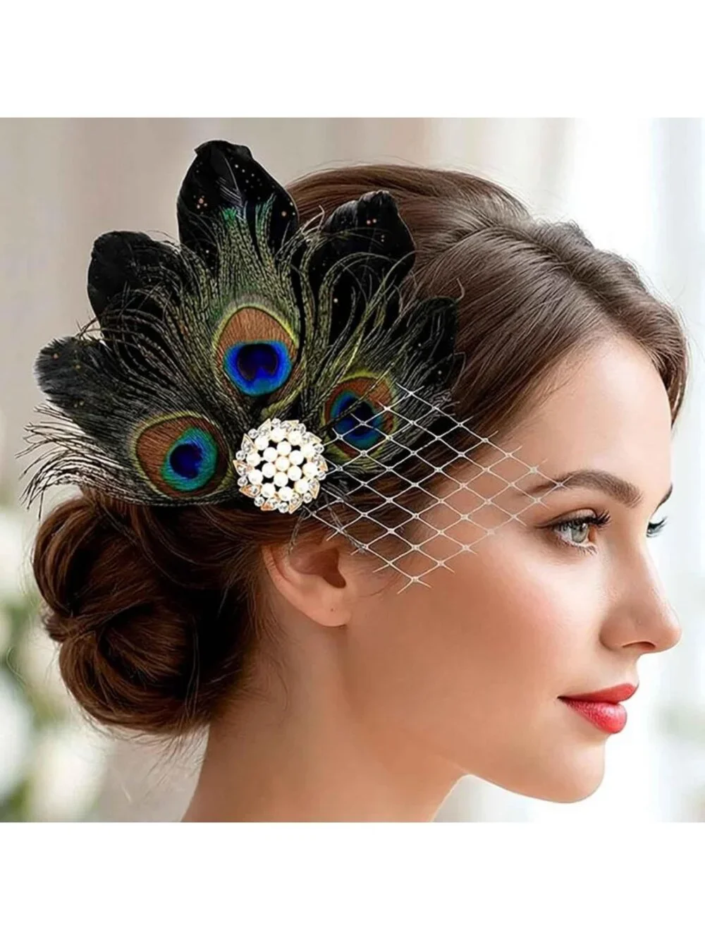 Elegant Peacock Feather Fascinator Hair Clip | 1920s Flapper Headpiece & Gatsby